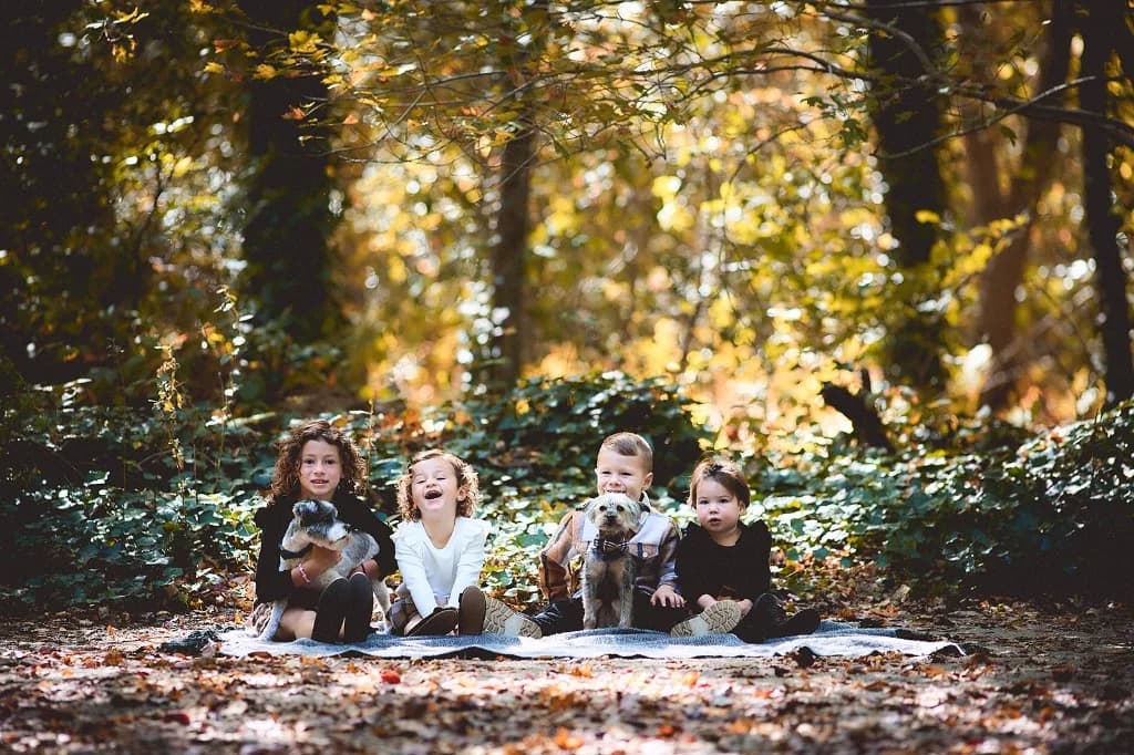 Children and their two dogs on a blanket in an autumn woodland