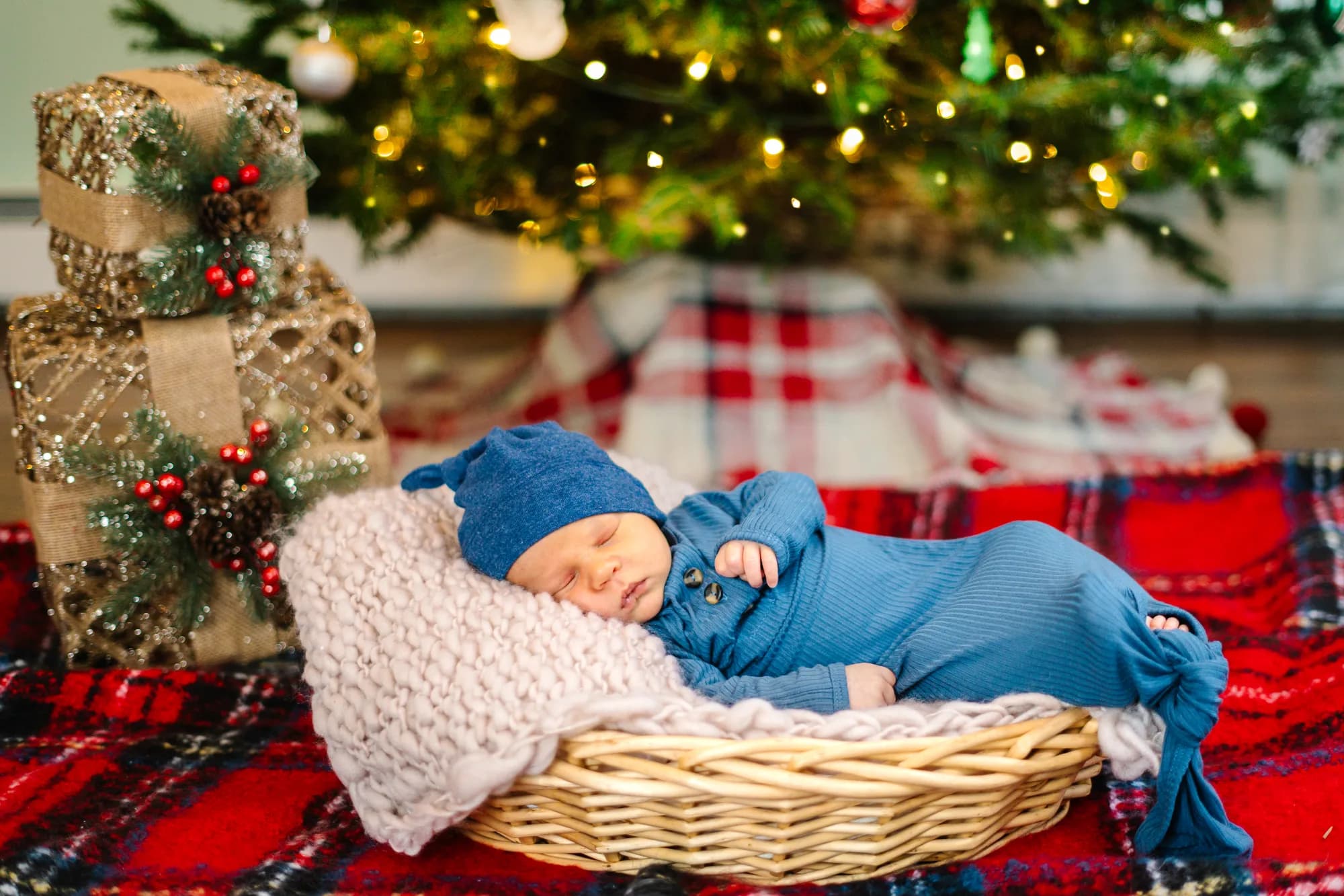 Newborn sleeping in a basket beside a Christmas tree