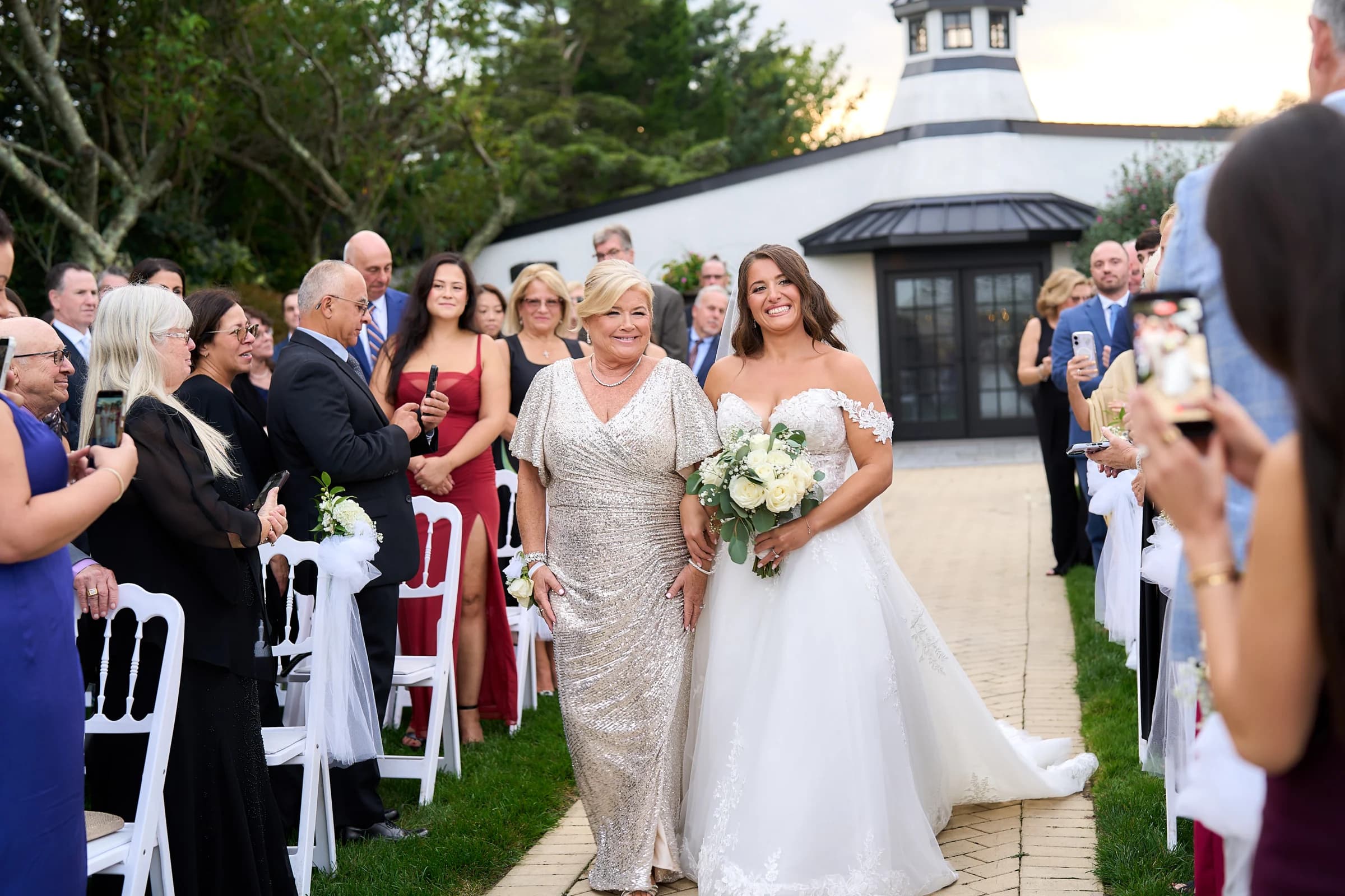 Piping Rock Club, Locust Valley, Amanda walking the aisle with her mother at the Riviera Waterfront Mansion
